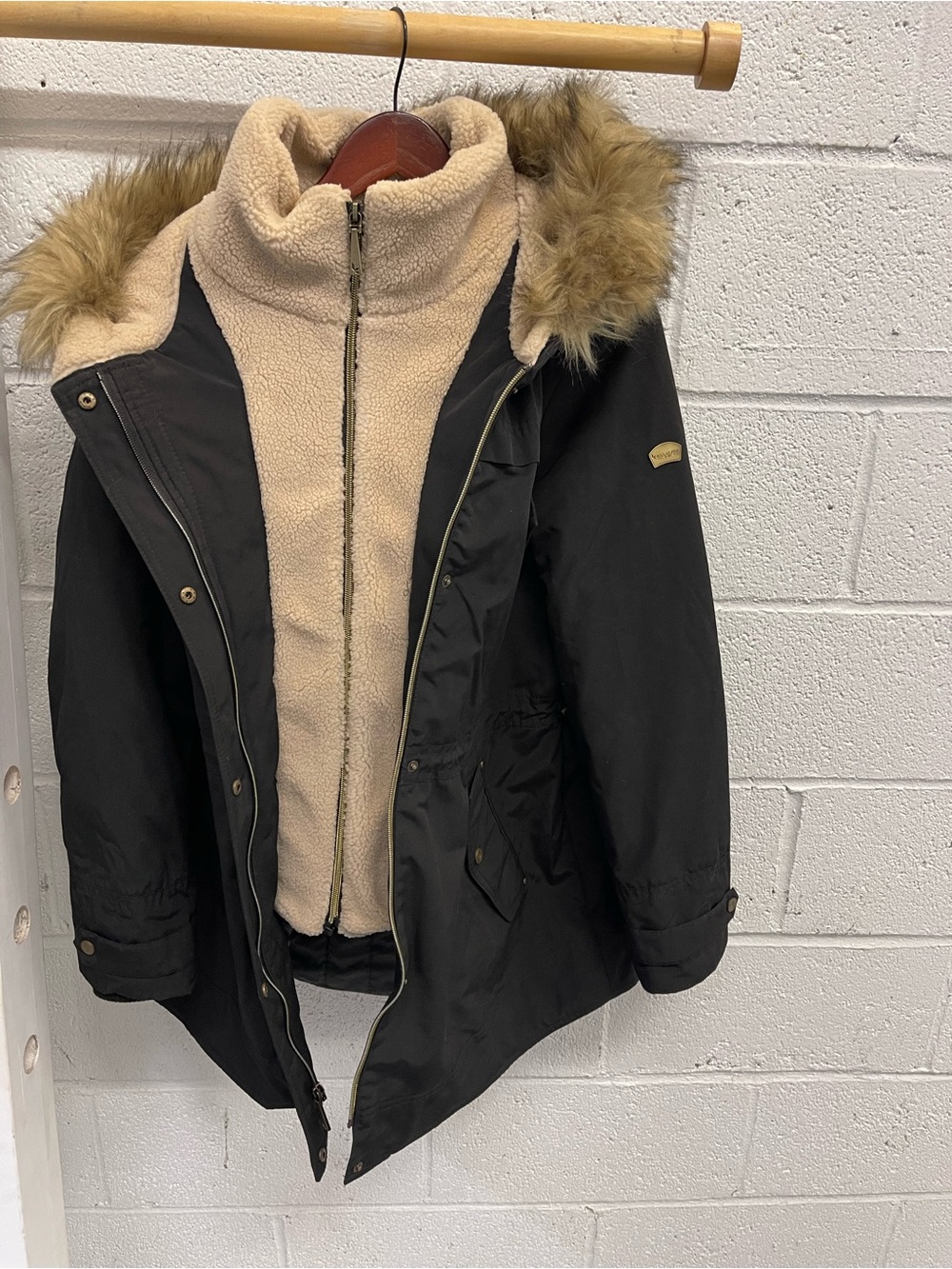 Black UGG Koolaburra Coat with Beige Sherpa Lining and Faux Fur Hood